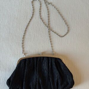 Neiman Marcus Black Textured Clutch with Silver Chain